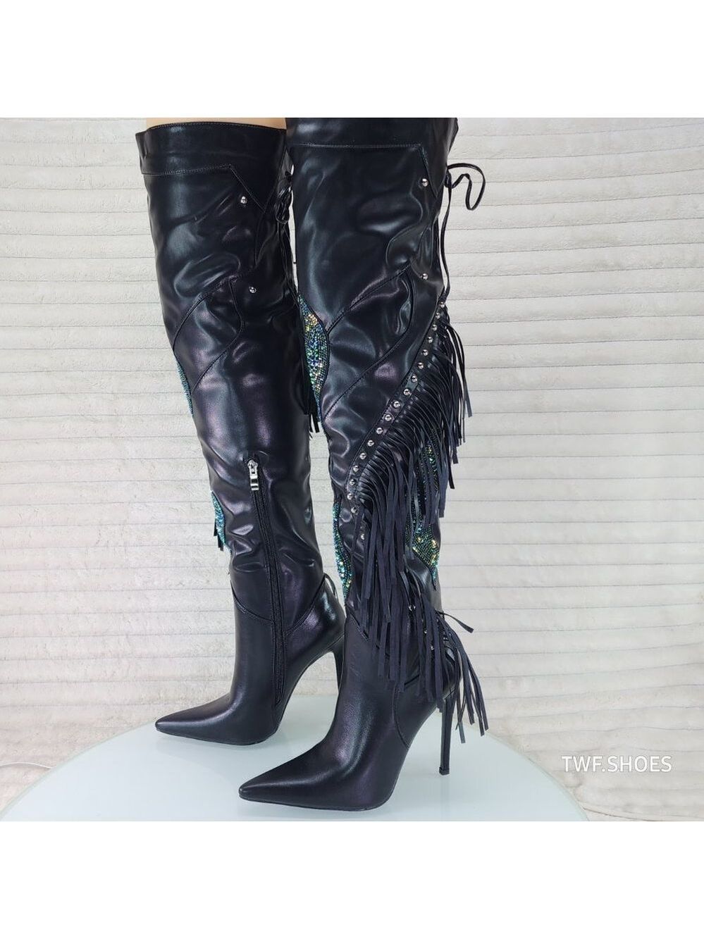 Frenzy Black Fringe Rhinestone Over The Knee Thigh Boots Azalea Wang